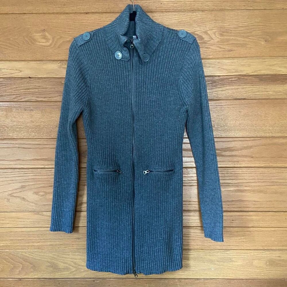 Vintage 90s Y2K Xhiliration gray ribbed zip front high funnel neck mini sweater